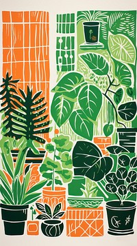 House plants in a green house drawing leaf art. 