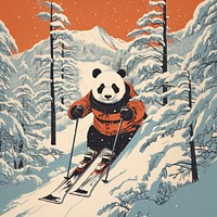 Pandas skiing nature outdoors drawing. AI generated Image by rawpixel.