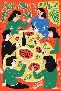 People eating pizza painting drawing food. 