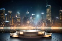 Podium for a new product against the background of blurred lights of the night city architecture cityscape lighting. AI generated Image by rawpixel.