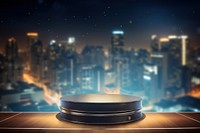 Podium for a new product against the background of blurred lights of the night city architecture cityscape lighting. AI generated Image by rawpixel.