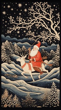 Santa clause riding reindeer at night drawing nature art. AI generated Image by rawpixel.