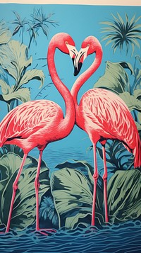 Tropical flamingoes drawing animal nature. AI generated Image by rawpixel.