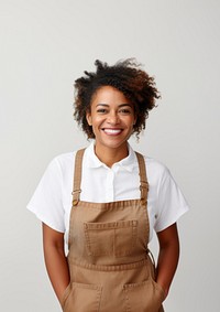 A multiracial woman wearing white linen shirt with a brown apron smiling smile white background. AI generated Image by rawpixel.
