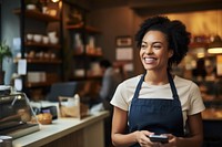 Multiracial woman business owner customer smiling working. 