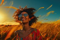 An happy affrican woman portrait landscape grass smile. AI generated Image by rawpixel.