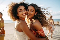 Two Latina Brazilian friends embracing laughing summer. AI generated Image by rawpixel.