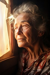 Artistic old woman portrait sunlight window. 