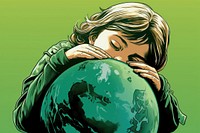 A little girl hugging a green globe planet adult astronomy. AI generated Image by rawpixel.