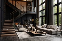 A black living room with light wooden stairs to second floor on the other side of the room architecture staircase furniture. AI generated Image by rawpixel.