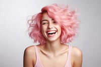 A happy woman with pink hair laughing adult smile. AI generated Image by rawpixel.