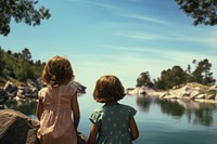 Two kids looking at the lake with the water out back summer outdoors vacation. AI generated Image by rawpixel.