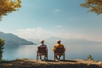 Two old man looking at the lake with the water out back landscape outdoors vacation. 