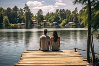 Two person looking at the lake with the water out back outdoors nature summer. AI generated Image by rawpixel.