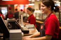 Fast food restaurant worker supermarket electronics technology. 