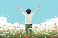 Carefree teen boy standing flower springtime. 