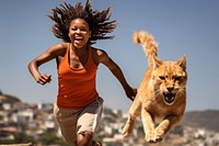Orange cat a Black South African woman pet running. AI generated Image by rawpixel.
