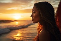 Asian woman surfing portrait outdoors sunset. AI generated Image by rawpixel.