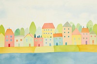 Houses and tree by water outdoors painting art. AI generated Image by rawpixel.
