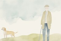 Old man with dog drawing walking animal. 