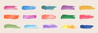 Colorful watercolor brush strokes in various shades: pink, blue, green, purple, orange, and yellow. Artistic brush strokes on a lined background. Element vector set.