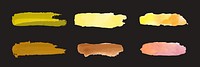 Set of six watercolor brush strokes in various colors on a dark background. Brush strokes in yellow, orange, brown, and pink hues. Artistic brush strokes. Element vector set.