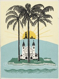 Gezicht op het eiland Malang met een kerk onder palmen en een opkomende zon (c. 1930 - c. 1949) by anonymous