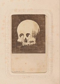 Fotoreproductie van een ontwerp met twee vrouwen in een raam, voorstellende een schedel (1855 - 1865) by Pierre Alfred Villeneuve and anonymous