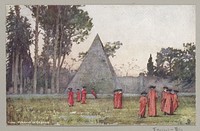 Piramide van Cestius in Rome met op de voorgrond mannen in rode gewaden (c. 1900 - in or before 1910) by anonymous