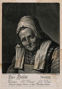 An old woman wearing spectacles; representing the sense of sight. Mezzotint by A.H.J. Degmair after P.A. Wille.