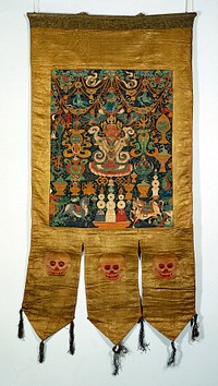 Attributes of rDo-rje Kon-btsun De-mo in a "rgyan tshogs" banner. Distemper painting by a Tibetan painter.
