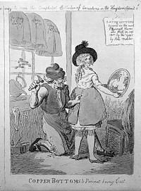 Left, a woman is attacked by Renwick Williams with a knife; right, a man is making "copper bottoms" for women to prevent them from being injured in an attack. Coloured etching.