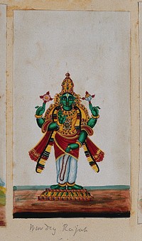 The god Vishnu, holding his attributes the discus and the conch shell. Gouache painting by an Indian artist.