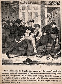 Mr. Lambkin and friends in court before a magistrate for being drunken and disorderly. Lithograph by G. Cruikshank.