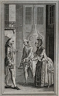 A young lover (Alexis) apologises to the parents of Lydia, with whom he had eloped to Gretna Green to be married without having asked their permission: he pleads that he was more likely to be pardoned for an act that had not been refused. Engraving, 1792.