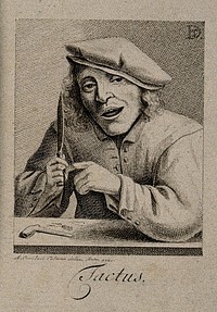 A man cuts his finger with a knife; representing the sense of touch. Pen drawing by A. Overlaet, 1761, after D. Teniers.