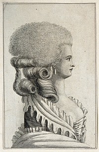 The head and shoulders of a woman looking to her right and wearing curled hair-pieces attached to her natural hair. Engraving by J. Delegal.