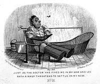 A man visiting a health resort with his limbs immobilized is watching a wasp flying near him; bath tub in the background. Etching, 1869.