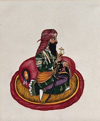 A Sikh Maharaja or nobleman holding a blue sword. Gouache painting by an Indian painter.