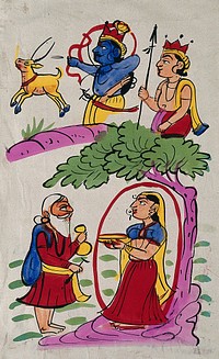 Page 121: Sita being lured by a disguised Ravana, while Rama and Laksmana hunt in the forest. Watercolour drawing.