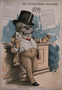 A skeleton with a cigar, standing at a bar holding a drink. Lithograph by L. Crusius, 1899.