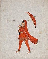 A Sikh  woman in a bright orange dress holding an umbrella and walking. Gouache painting by an Indian painter.