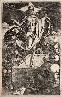 The resurrected Christ rises over terrified soldiers. Engraving after A. Dürer, 1512.