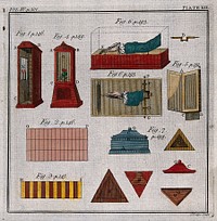Conjurers' tricks and equipment. Coloured engraving by J. Lodge.