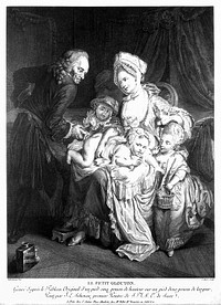 A man administers a clyster to a greedy little boy who is laying across his mothers lap, his two siblings watch the scene with amusement. Engraving by J. Ouvrier after J.E. Schenau.
