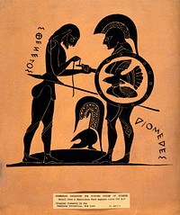 Sthenelos bandaging the wounded finger of Diomedes. Ink drawing by S.W. Kelly, 1937, after a Chalcidian neck-amphora c. 550 B.C.
