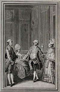 A young woman is introduced to a young man by an older man. Engraving and etching.