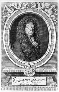 William Salmon. Line engraving by R. White, 1687, after himself.
