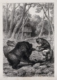 A fox, sitting on a tree trunk, is enticing a bear to poke its head in the hollow of the trunk, so as to trap the bear's head. Etching by A. Fox after J. Wolf.