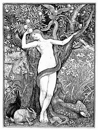 The serpent entwines itself around the body of Eve; it whispers in her ear, enticing her to eat the forbidden fruit. Photogravure by Lemercier and co. after Walter Crane, 1899.